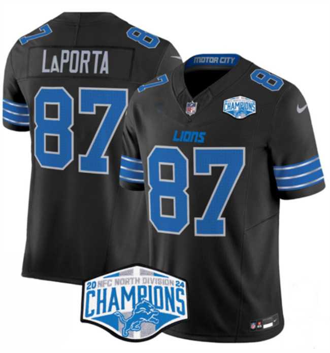 Mens Detroit Lions #87 Sam LaPorta Black 2024 NFC North Champions F.U.S.E. Vapor Limited Stitched Jersey